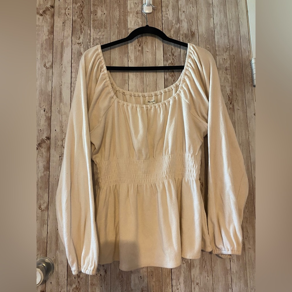 Madewell Plush Square-neck Smocked Top size XL cream long sleeve women's
